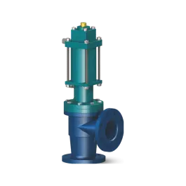 Фото товара клапан запорный угловой с гидравлическим линейным приводом одинарного действия из литой стали DN 100 PN 16 вид спереди