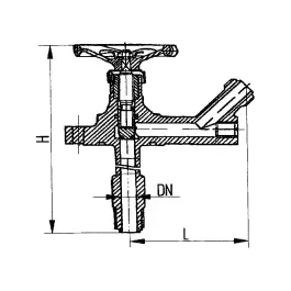 Фото товара клапан запорный штуцерный угловой с бортовым фланцем бессальниковый DN 10 PN 100 вид спереди